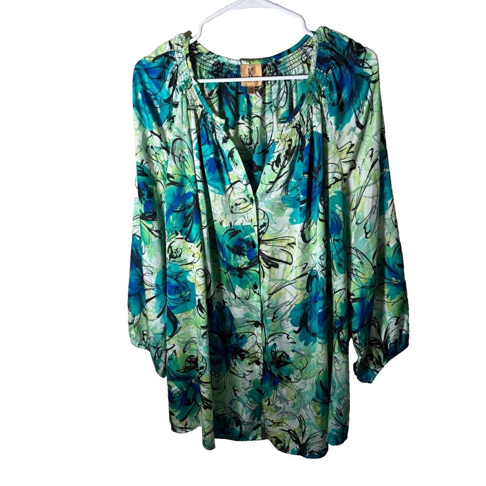 Kasper Blouse Women's 2X V-Neck Button Up Floral 3/4 Sleeve Colorful Top Shirt